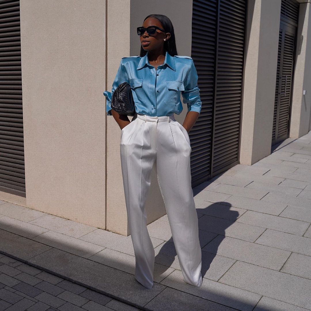 White Dress Shirt with Light Blue Dress Pants Outfits For Women (2