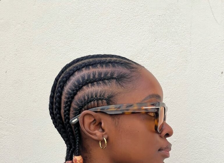 Short stitch straight all-back cornrow hairstyle with beads