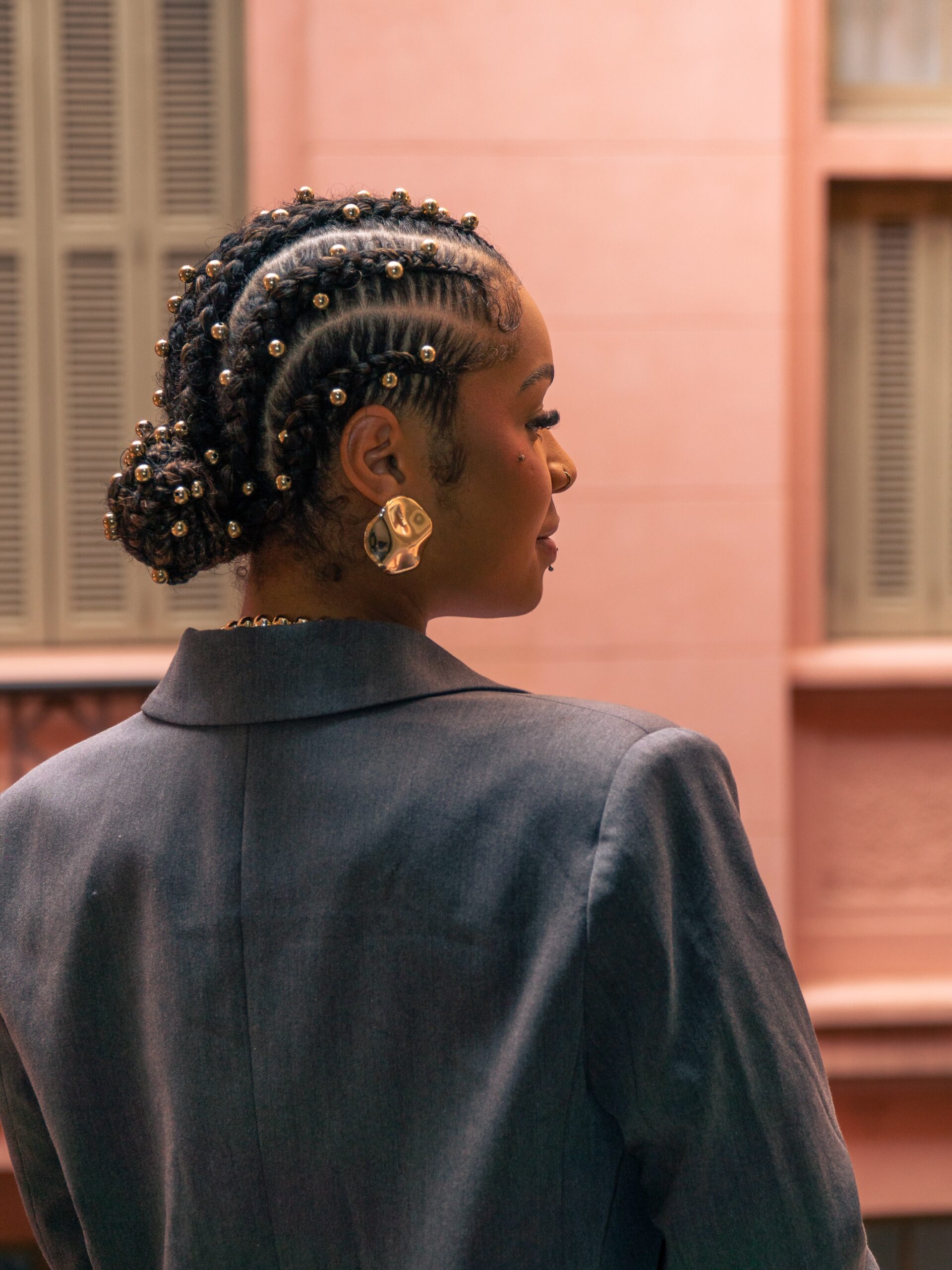 Black stitch cornrows with gold beads