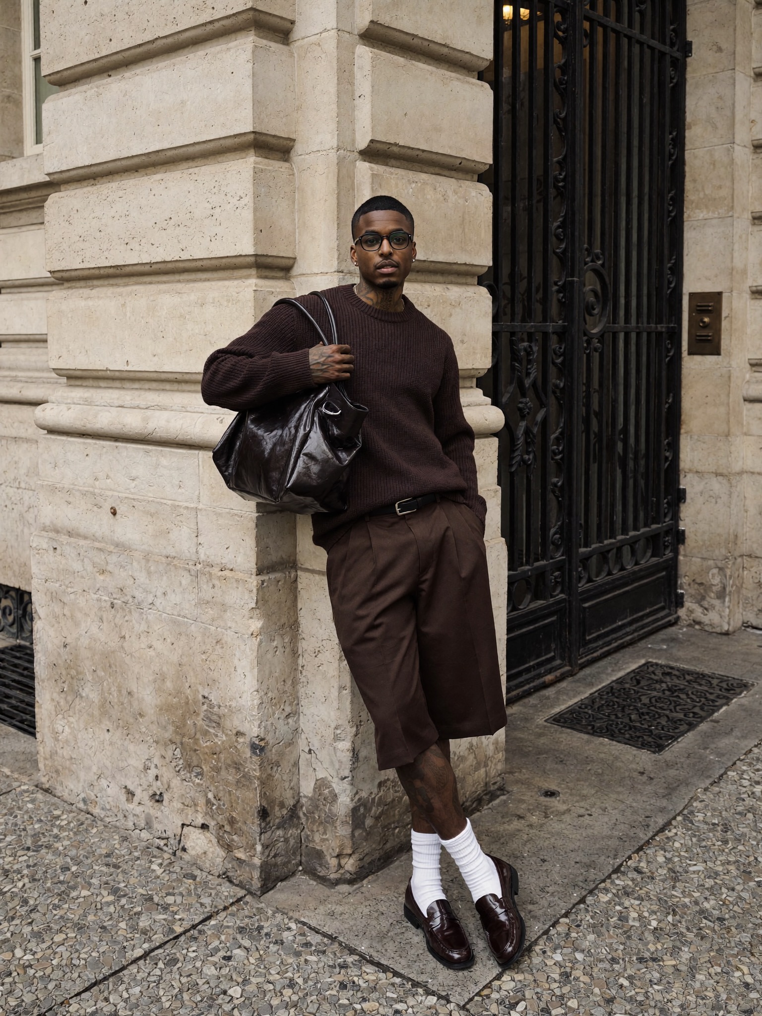 Dark brown cardigan and shorts